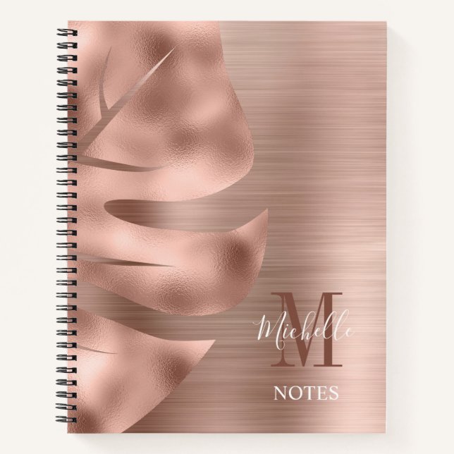 Carnet Monogramme Métal Brossé Or Rose Élégant (Devant)