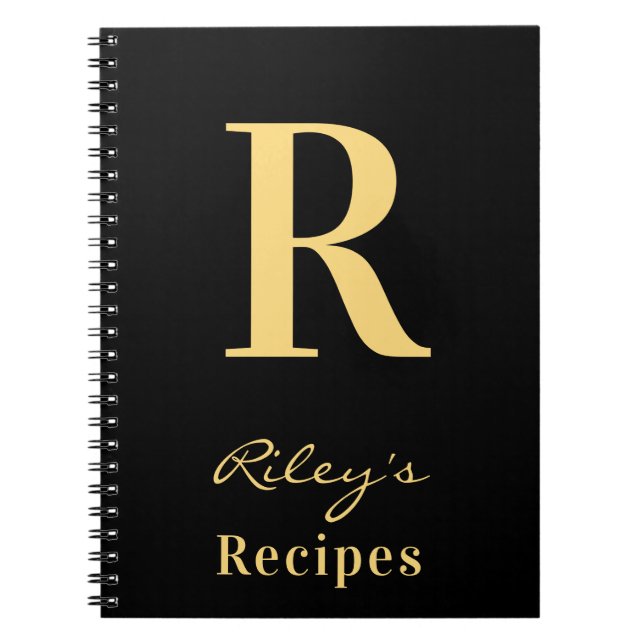 Carnet Monogramme minimal moderne Nom Black Gold Recette (Devant)