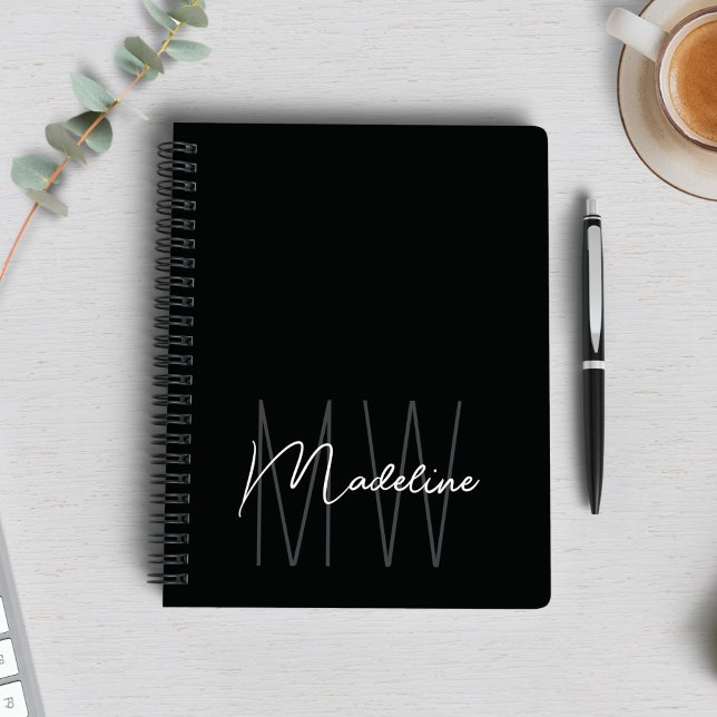 Carnet Monogramme Minimaliste Moderne Noir (Modern Minimalist Monogram Black Notebook by MINTIC DESIGN STUDIO)