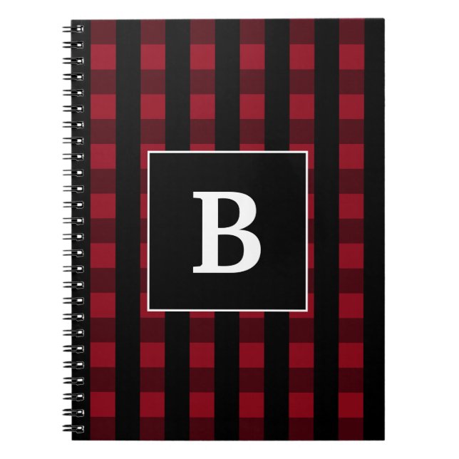 Carnet Monogramme moderne à carreaux rouge et noir de Buf (Devant)
