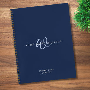 Carnet Monogramme Moderne Bleu Nuit Blanc Script
