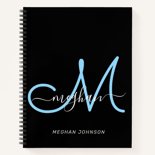 Carnet Monogramme Moderne Élégant Noir Bleu Script (Devant)