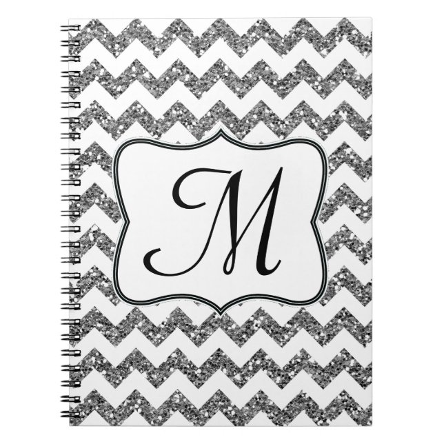 Carnet Monogramme moderne en argent Chevron (Devant)