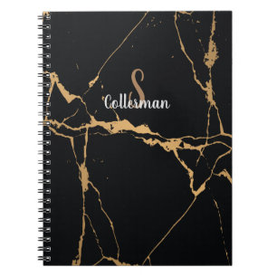 Carnet Monogramme moderne en marbre noir et or Nom du scr