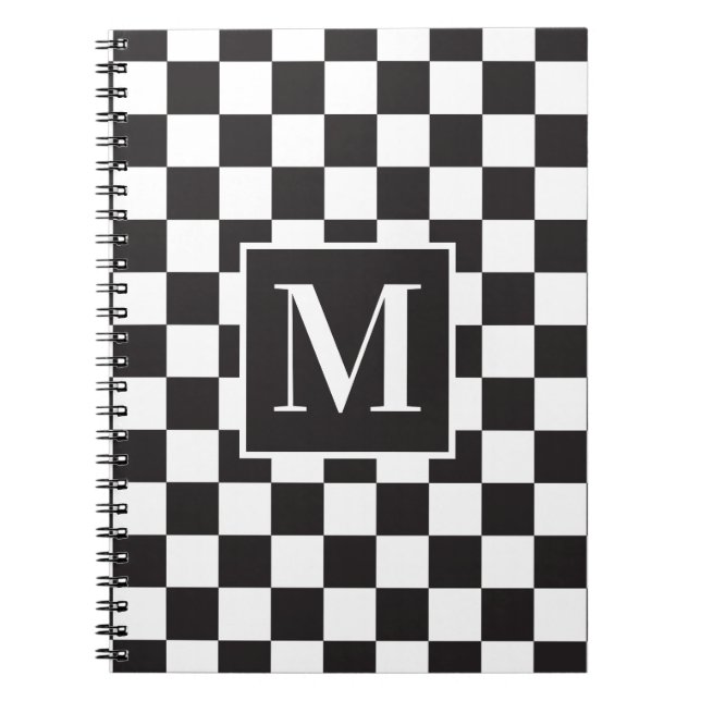 Carnet Monogramme moderne en noir et blanc À damiers Moti (Devant)