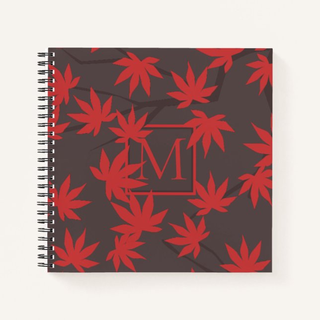 Carnet Monogramme Moderne Feuille d'Érable Rouge Grise (Devant)