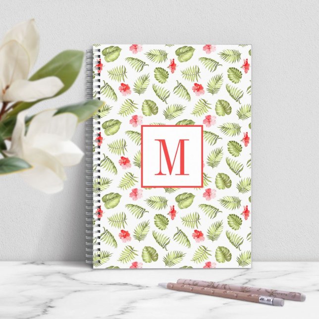 Carnet Monogramme Moderne Feuilles de Palmier Vertes (Modern Monogram Green Palm Leaves Notebook)