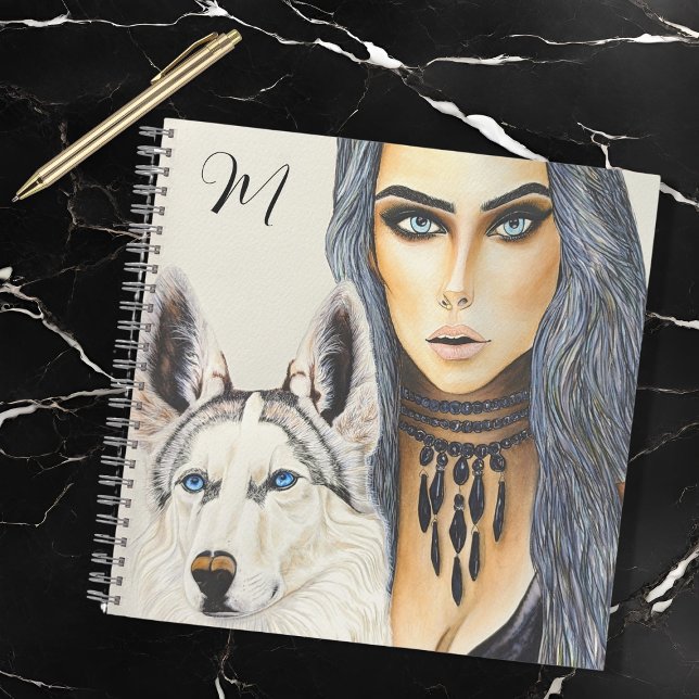 Carnet Monogramme moderne Glam Woman & Husky Wolf Dog (Créateur téléchargé)