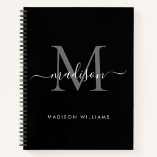 Carnet Monogramme moderne noir gris argenté Nom du script