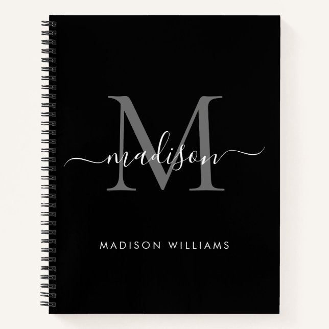 Carnet Monogramme moderne noir gris argenté Nom du script (Devant)