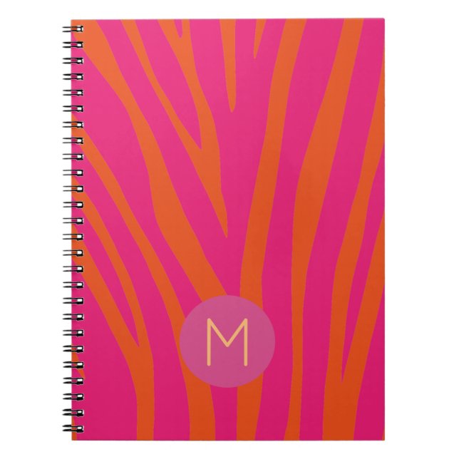 Carnet Monogramme Moderne Rayures de Zèbre Rose et Orange (Devant)