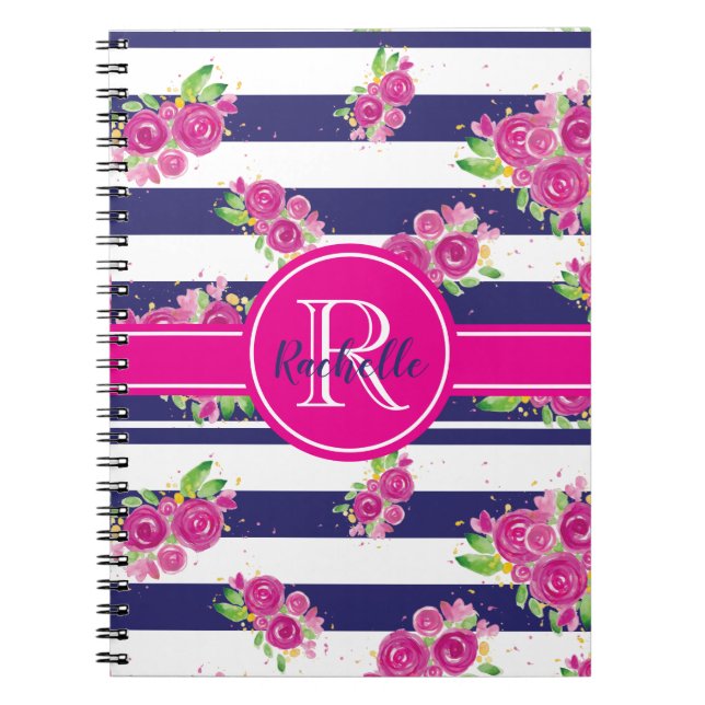 Carnet Monogramme moderne rose floral rayé élégant (Devant)