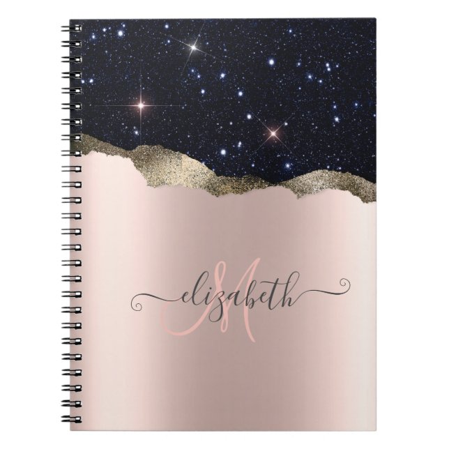Carnet Monogramme Moderne Rose Gold Pailleté Noir (Devant)