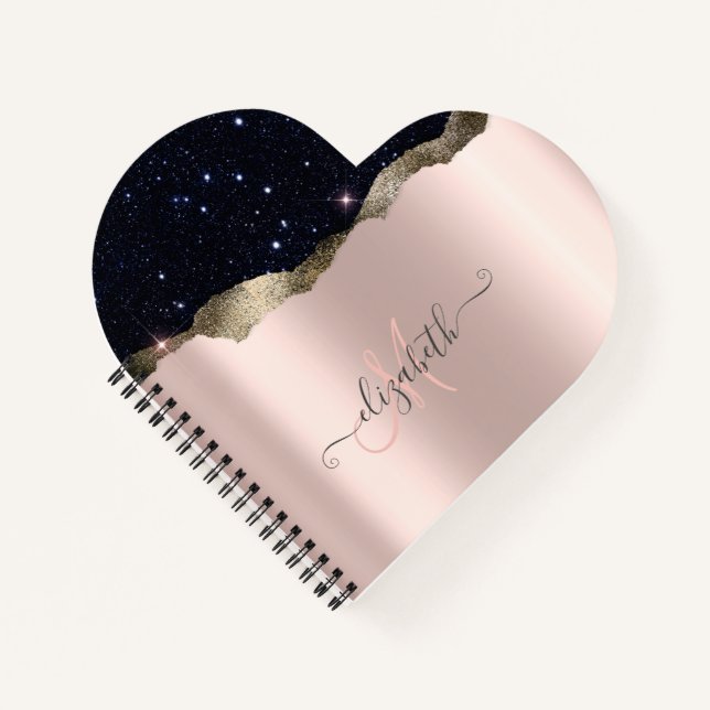Carnet Monogramme Moderne Rose Gold Pailleté Noir (Devant)