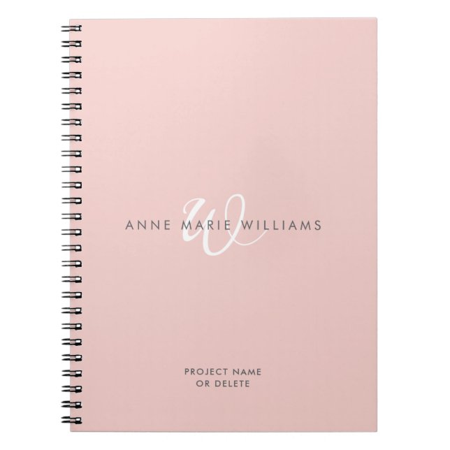 Carnet Monogramme Moderne Rose Pâle Blanc Script (Devant)
