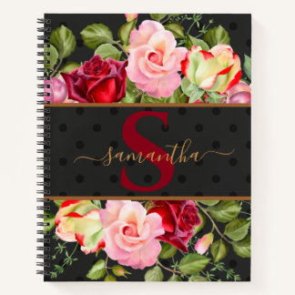 Carnet Monogramme moderne Roses floraux & Pointe noire
