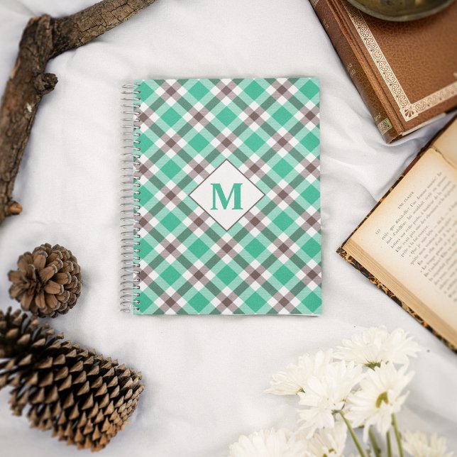 Carnet Monogramme moderne Turquoise Vert Plaid Tartan Mot (Créateur téléchargé)