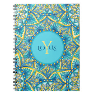 Carnet Monogramme Motif de Mandala Floral Turquoise