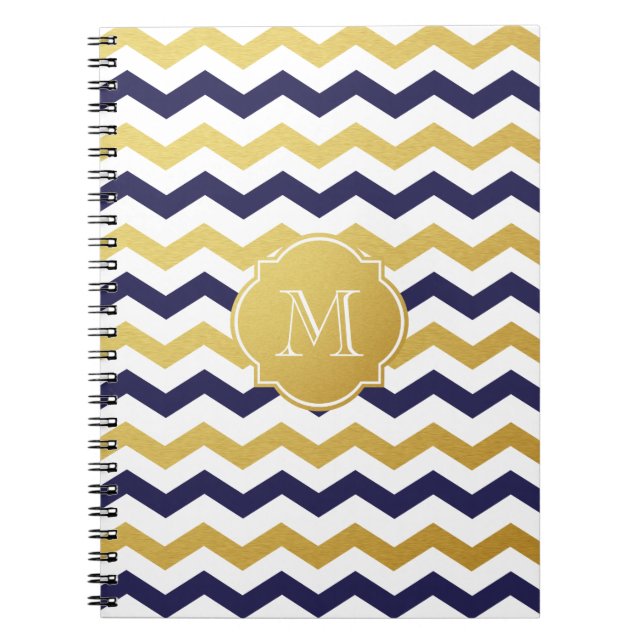 Carnet Monogramme Motif Gold et Navy Blue Chevron (Devant)