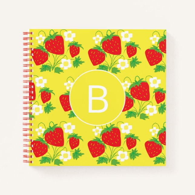 Carnet Monogrammé motif jaune fraise et fleur (Devant)