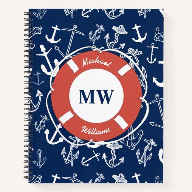 Carnet Monogramme nautique Ancre bleu marine Motif (Devant)