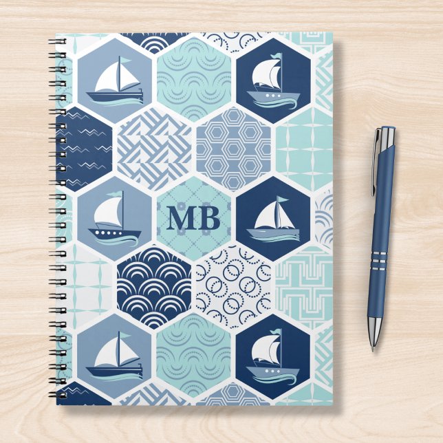 Carnet Monogramme Nautique Moderne Bateau Bleu Personnali (Créateur téléchargé)