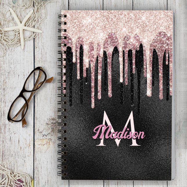 Carnet monogramme noir à goutte noire rose chic (Créateur téléchargé)