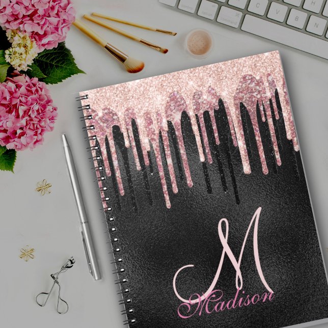 Carnet monogramme noir à goutte noire rose chic (Créateur téléchargé)