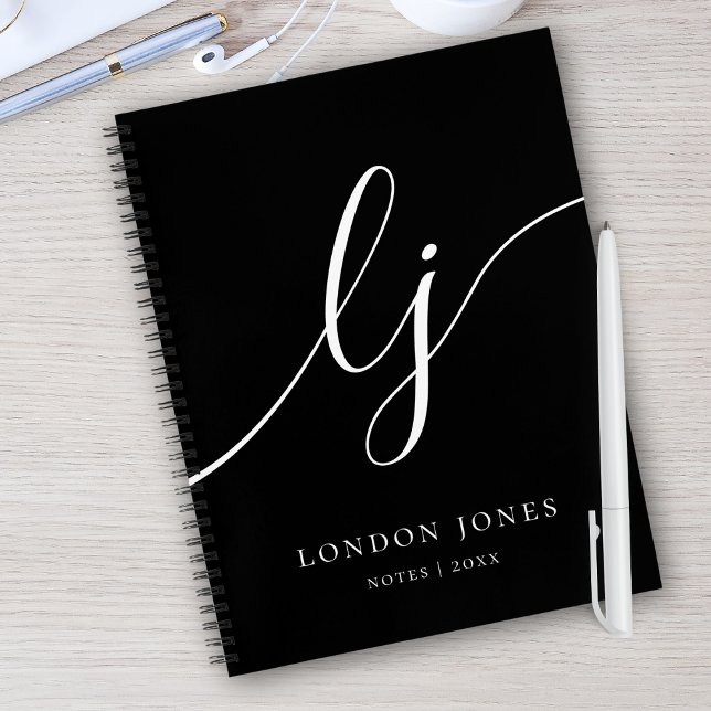 Carnet Monogramme noir blanc calligraphie 2 initiales scr (Créateur téléchargé)