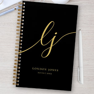 Carnet Monogramme Noir Calligraphie Or Script 2 Initiales