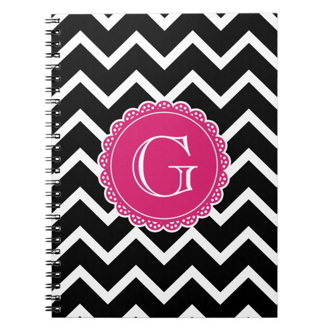 Carnet Monogramme noir Chevron rose chaud (Devant)