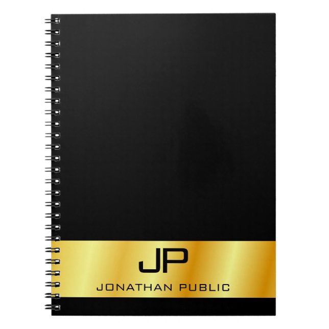 Carnet Monogramme Noir Et Or Élégant Modèle Moderne (Devant)