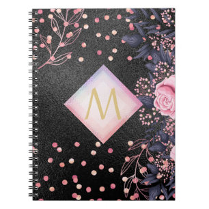 Carnet Monogramme noir ROSEGOLD rose Parties scintillant 