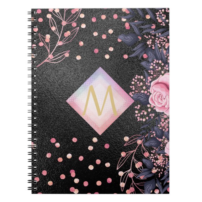 Carnet Monogramme noir ROSEGOLD rose Parties scintillant  (Devant)