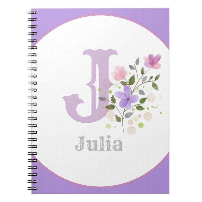 Carnet Monogramme & nom avec fleurs (Devant)