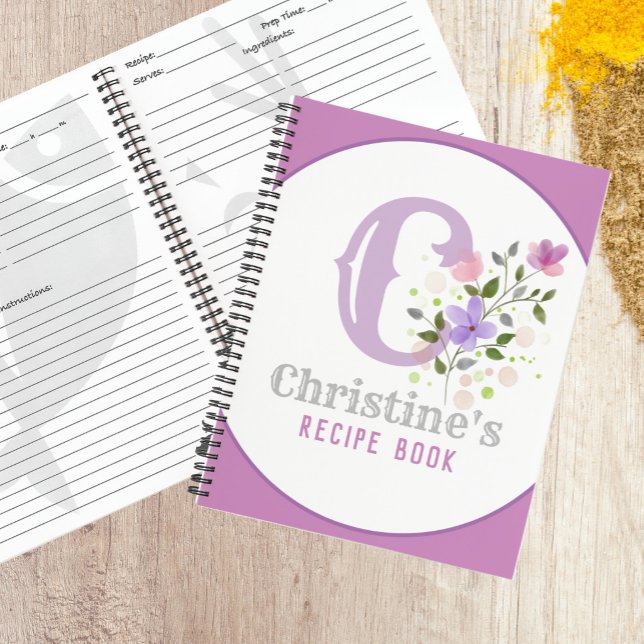 Carnet Monogramme & nom avec fleurs (Recipe book with name and initial)