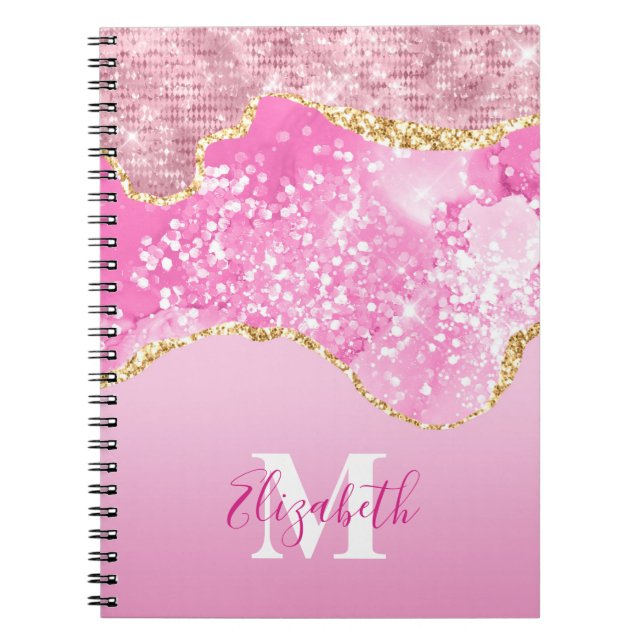 Carnet Monogramme Nom Initial Rose Or Paillettes Glamour (Devant)