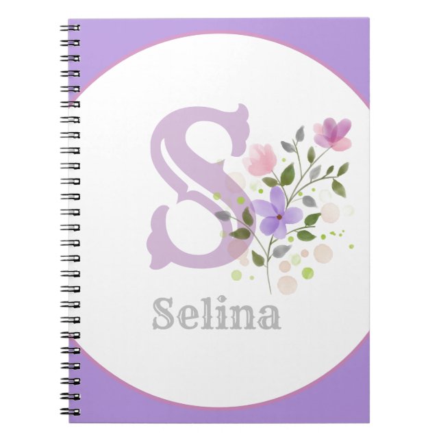 Carnet Monogramme & nom Selina avec fleurs (Devant)