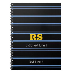 Carnet Monogramme Or Gras, Nom, Lignes Bleues sur Noir