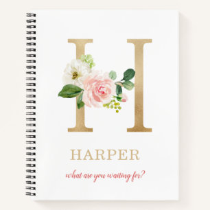 Carnet Monogramme Or Lettre H Devise ou citation floral
