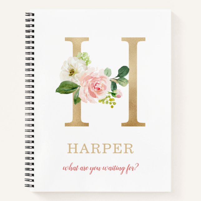 Carnet Monogramme Or Lettre H | Devise ou citation floral (Devant)