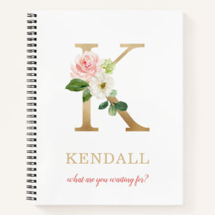 Carnet Monogramme Or Lettre K Devise ou citation floral