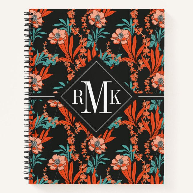 Carnet Monogramme | Orange Abstrait motif floral (Devant)