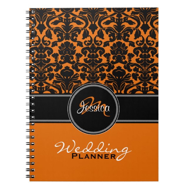 Carnet Monogramme orange noir blanc Mariage damassé Plann (Devant)