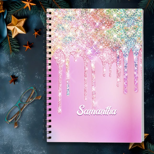 Carnet Monogramme pailleté arc-en-ciel rose chaud mignon  (Créateur téléchargé)