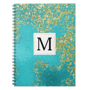 Carnet Monogramme Pailleté Faux Aqua Or