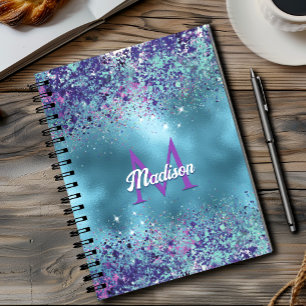 Carnet Monogramme pailleté iridescent bleu rose chic