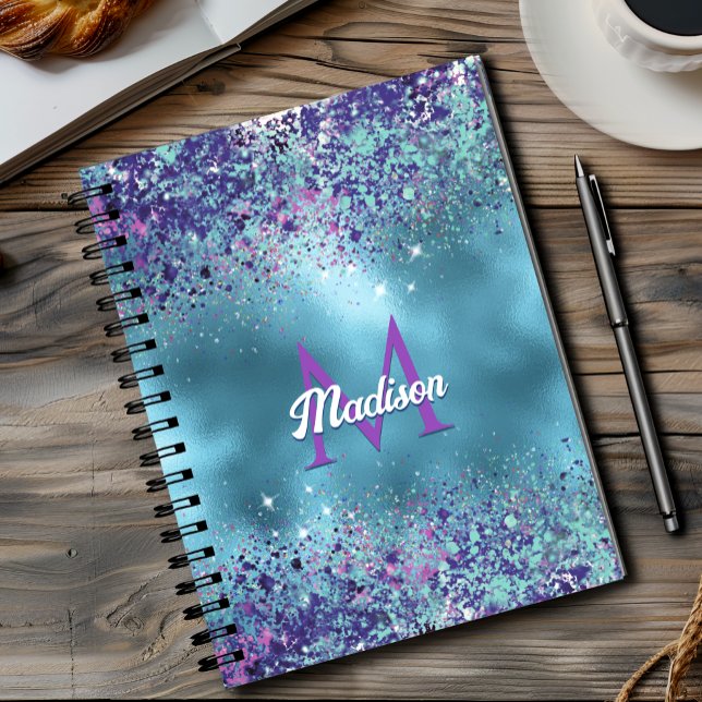 Carnet Monogramme pailleté iridescent bleu rose chic (Créateur téléchargé)
