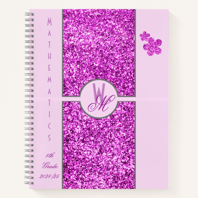 Carnet Monogramme pailleté rose avec Fleurs (Devant)