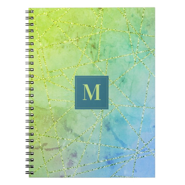 Carnet Monogramme paillettes sarcelle et vert gazon Géomé (Devant)